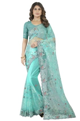 Dusty sky Wedding Saree in Embroidered Net SR25037