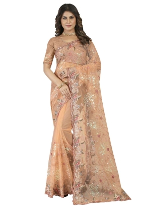 Net Embroidered Dusty peach Wedding Saree with Blouse SR25039