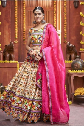 Cream Navratri Lehenga Choli in Mirror Cotton LC7188