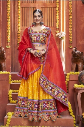 Yellow Navratri Lehenga Choli with Mirror Cotton LC7191