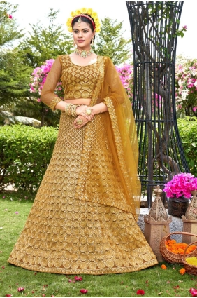 Embroidered Net Wedding Lehenga Choli in Mustard with Dupatta LC7299