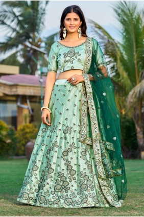 Wedding Lehenga Choli Embroidered in Green Satin LC7303