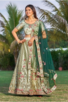 Light green Embroidered Wedding Lehenga Choli in Satin LC7305