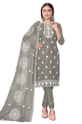 Chanderi Embroidered Grey Salwar Kameez with Dupatta SK153664