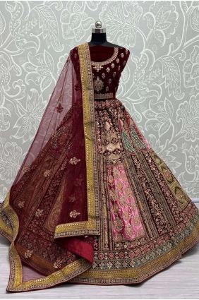 Maroon Velvet Bridal Lehenga Choli in Stone with moti LC7366