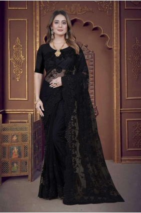 Net Saree with Embroidered in Black SR25717