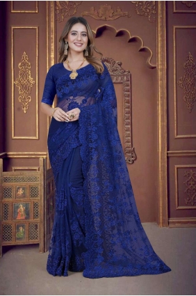 Navy Saree in Net with Embroidered SR25720