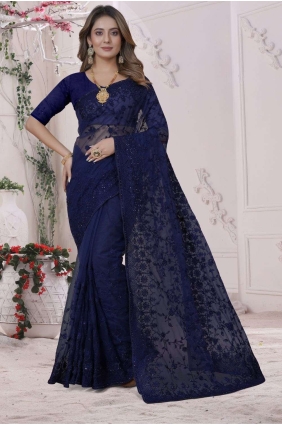 Embroidered Wedding Saree in Navy Net SR25748