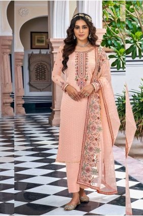 Peach Straight Pant Suit in Georgette with Embroidered SK153865