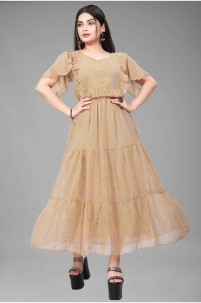 Mustard Printed Georgette Gown Dress GW0730