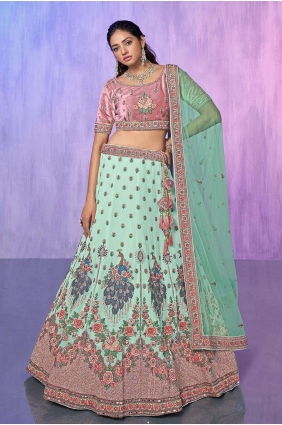 Embroidered Velvet Aqua Lehenga Choli with Dupatta LC7578