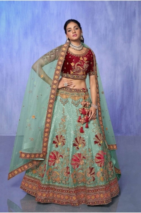 Turquoise Lehenga Choli with Embroidered Velvet LC7580