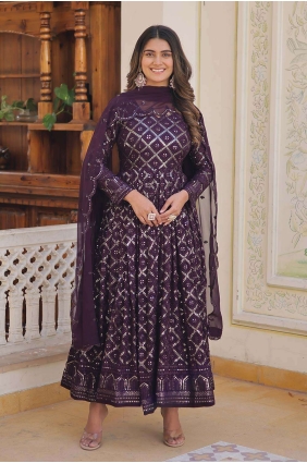 Wine Embroidered Gown Dress in Faux georgette GW0776