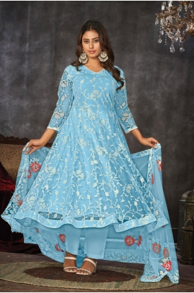Net Anarkali Suit with Embroidered in Sku blue SK154584