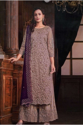 Mauve Net Embroidered Palazzo Suit with Dupatta PZ3971