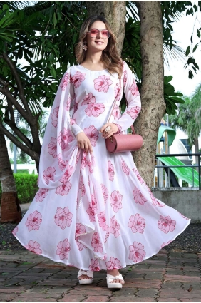 Faux georgette Gown Dress in White with Printed GW0810