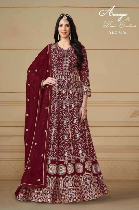 Faux georgette Red Palazzo Suit in Embroidered GW0819