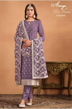 Lavender Embroidered Straight Pant Suit in Net SK154152