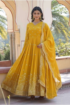 Yellow Gown Dress in Embroidered Faux georgette GW0830