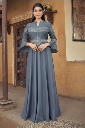 Grey Muslin Embroidered Gown Dress with Dupatta GW0843