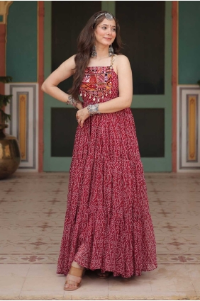 Printed Faux georgette Maroon Gown Dress with Dupatta GW0950