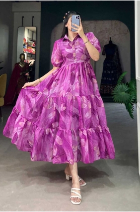 Purple Gown Dress with Printed Georgette GW0953