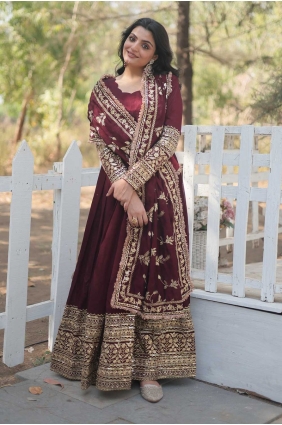 Shimmer Embroidered Dark marroon Gown Dress with Dupatta GW0956