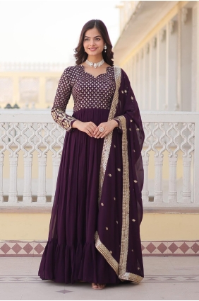 Georgette Embroidered Wine Gown Dress with Dupatta GW0961