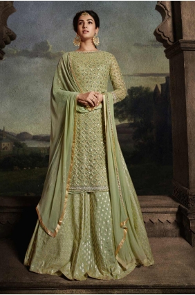 Embroidered Net Palazzo Suit in Mahendi green with Dupatta PZ4048
