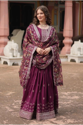 Chiffon Embroidered Wine Gown Dress with Dupatta GW0974