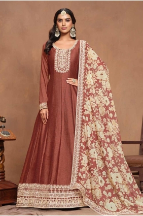 Embroidered Art silk Gown Dress in Burnt orange with Dupatta GW0981