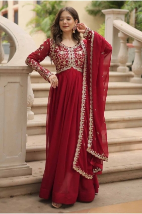 Maroon Gown Dress in Sequins Faux georgette GW0984