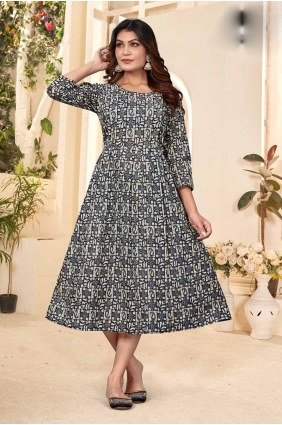 Printed Cotton Gown Dress in Grey with Dupatta GW0992
