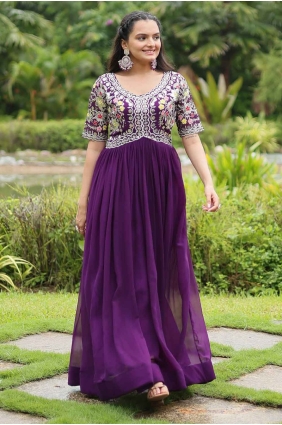 Bemberg Gown Dress in Plum with Embroidered GW01000