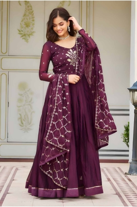 Embroidered Gown Dress in Wine Georgette GW1005