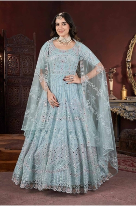 Sky blue Gown Dress with Embroidered Net GW1066