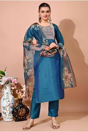 Silk Embroidered Blue Kurti with Dupatta KTI2618