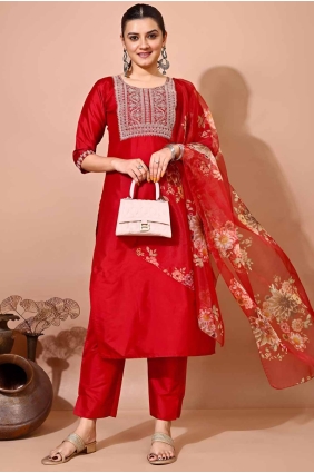 Red Embroidered Kurti in Silk KTI2613