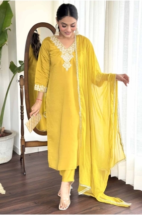 Viscose Straight Pant Suit with Embroidered in Yellow SK155060