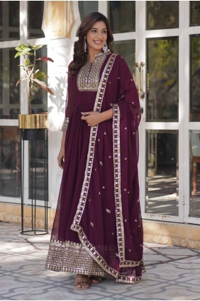 Wine Embroidered Faux georgette Gown Dress GW1071