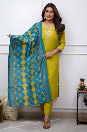 Viscose Salwar Kameez with Embroidered in Yellow SK155078