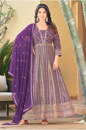 Purple Gown Dress with Embroidered Georgette GW1183