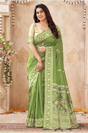 Raw silk Saree with Weaving in Green SR30410