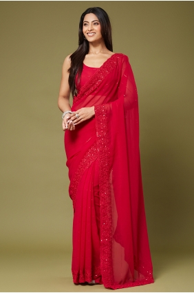 Georgette Sequins,thread,embroidered Red Saree with Blouse SR30326