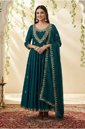 Teal Salwar Kameez in Sequins Silk AS4272