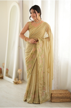 Thread Georgette Saree in Beige with Blouse SR30252
