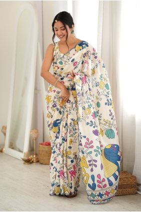 Mirror printed Chinon chiffon Saree in Off white with Blouse SR30285