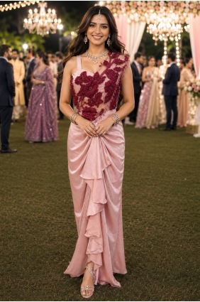 Saree in Pink Satin with Embroidered SR30146