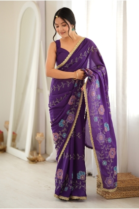 Thread Georgette Saree in Purple with Blouse SR30258