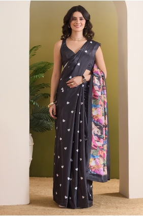 Satin Saree with Printed in Black SR30417